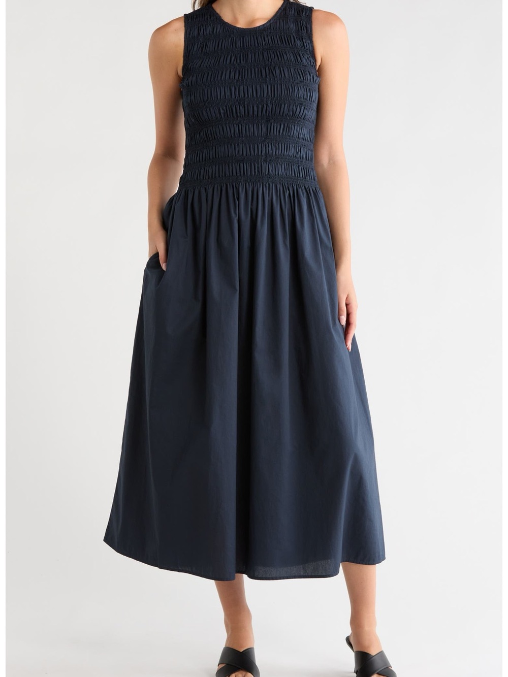 rag & bone Navy Lane Sleeveless Smocked Cotton Maxi Dress